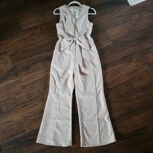 New Fehaute Sleeveless V-neck Wide Leg Bow Cropped Flare Jumpsuit Size 2 Neutral